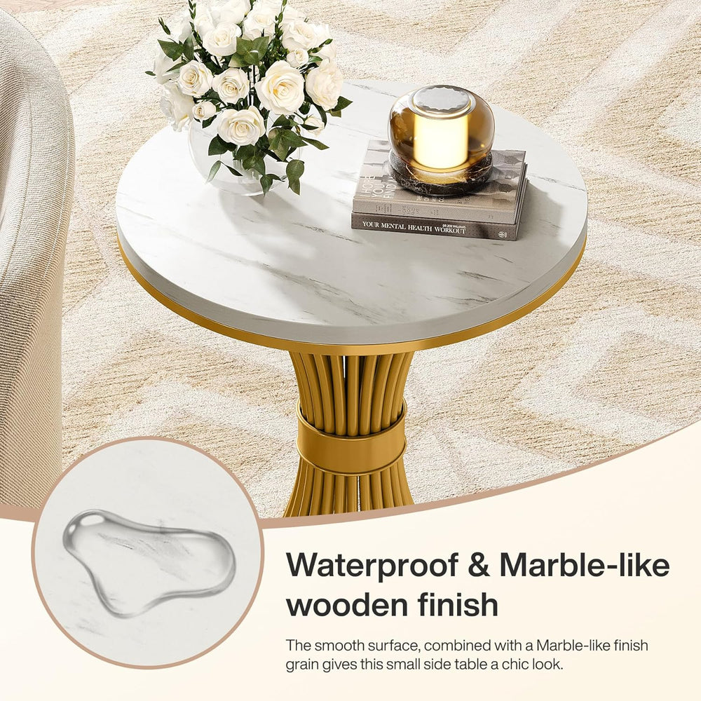 Tribesigns Round End Table, Modern Faux Marble Side Table with Gold Metal Bas...