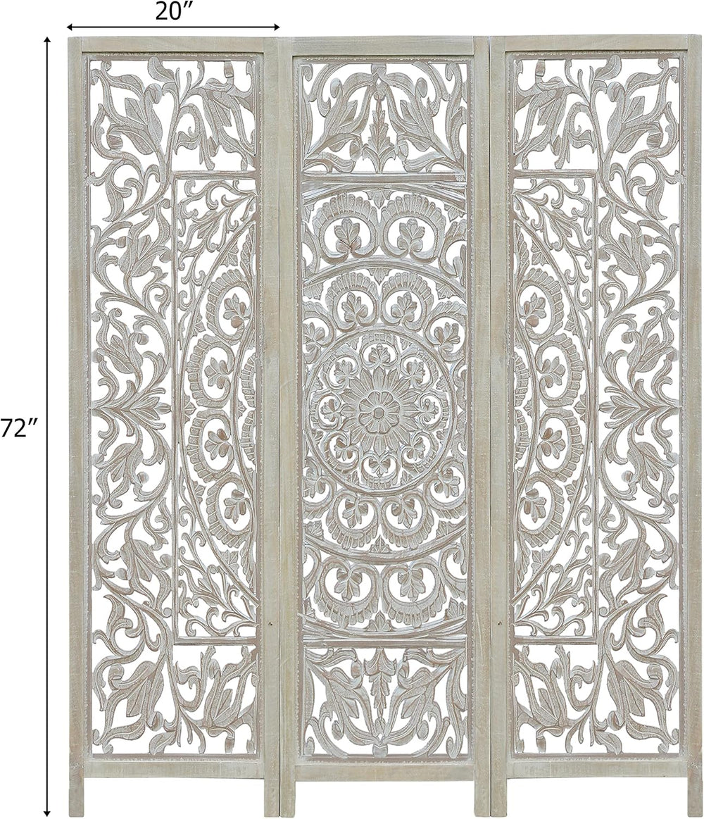COTTON CRAFT Room Divider Wood Screen - Hand Carved Folding 3 Panels 60x72