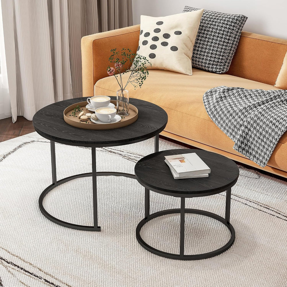 HOJINLINERO Round Nesting Coffee Table Set of 2,Wood Cocktail Table,Black | C...