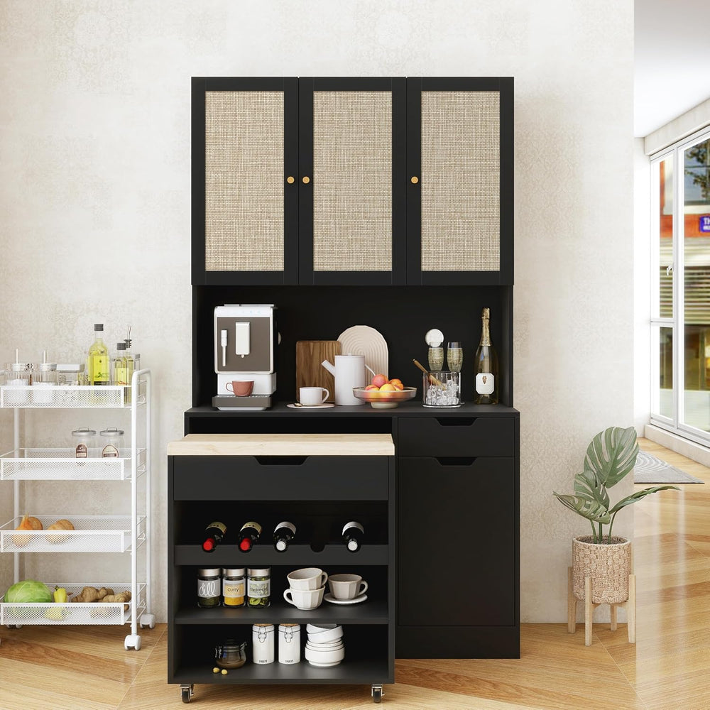 69" Kitchen Pantry Cabinet with Microwave Stand & Rolling Cart - Fre...