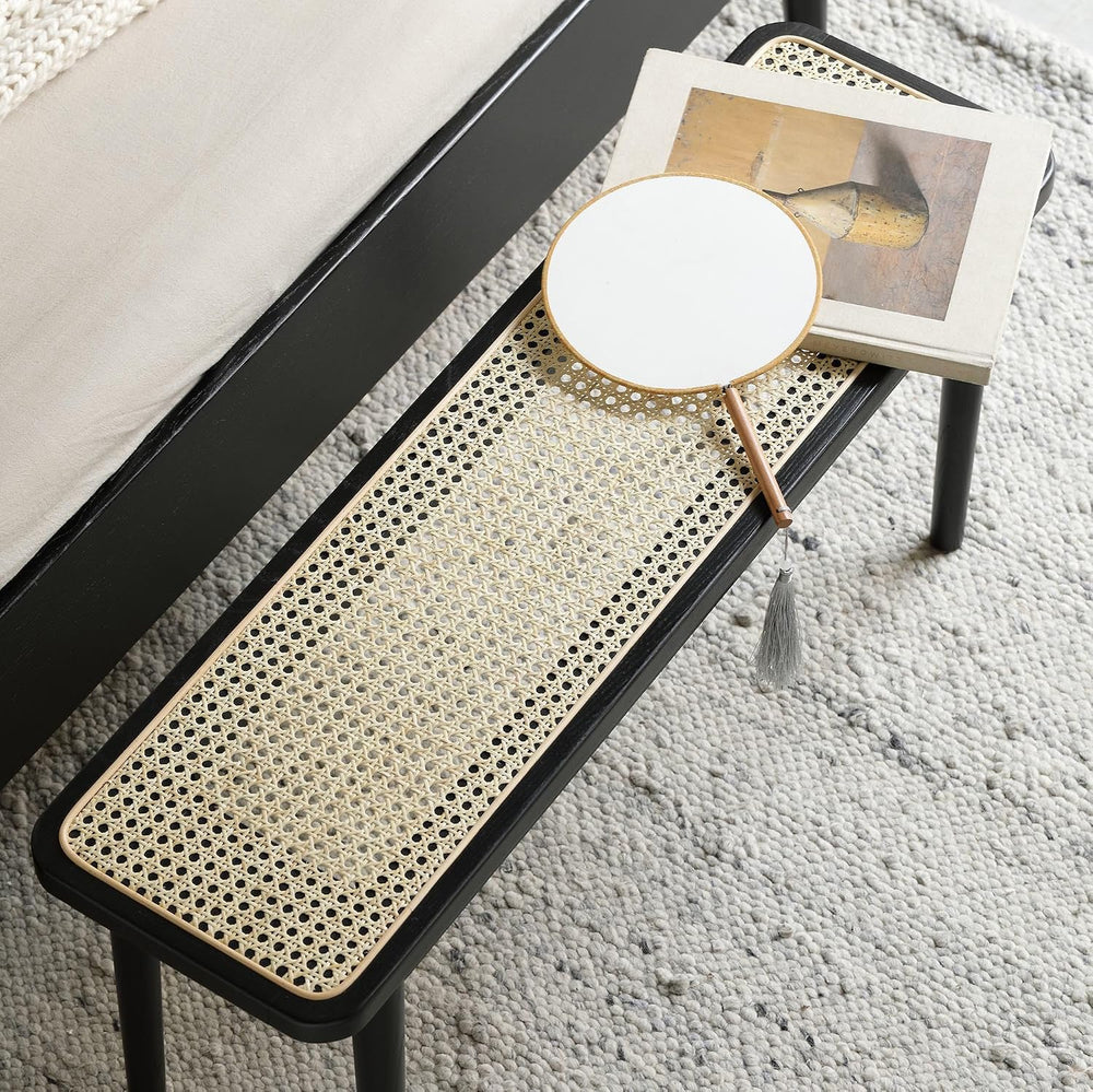 47.24" Modern Oak Wood Dining Bench with Woven Rattan Seat Solid Wood En...