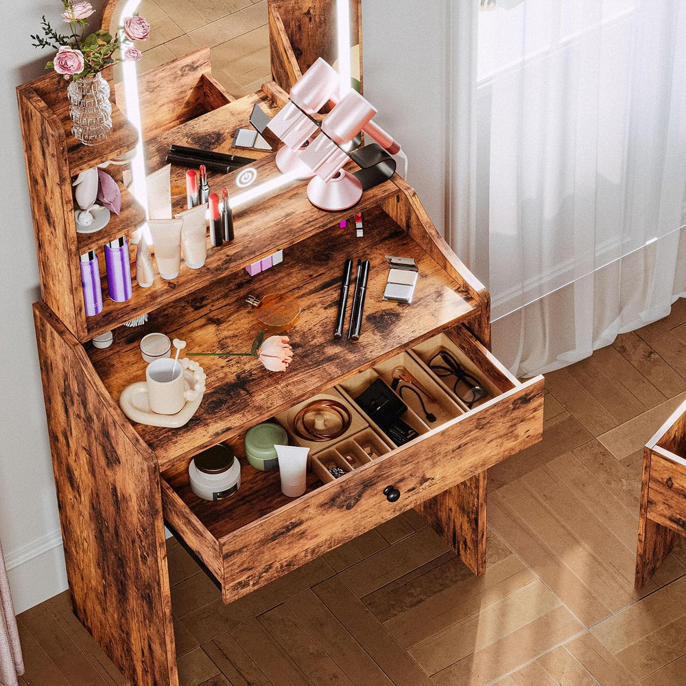 LIKIMIO Small Vanity Desk with Mirror Lights and Storage Stool | Vintage brow...