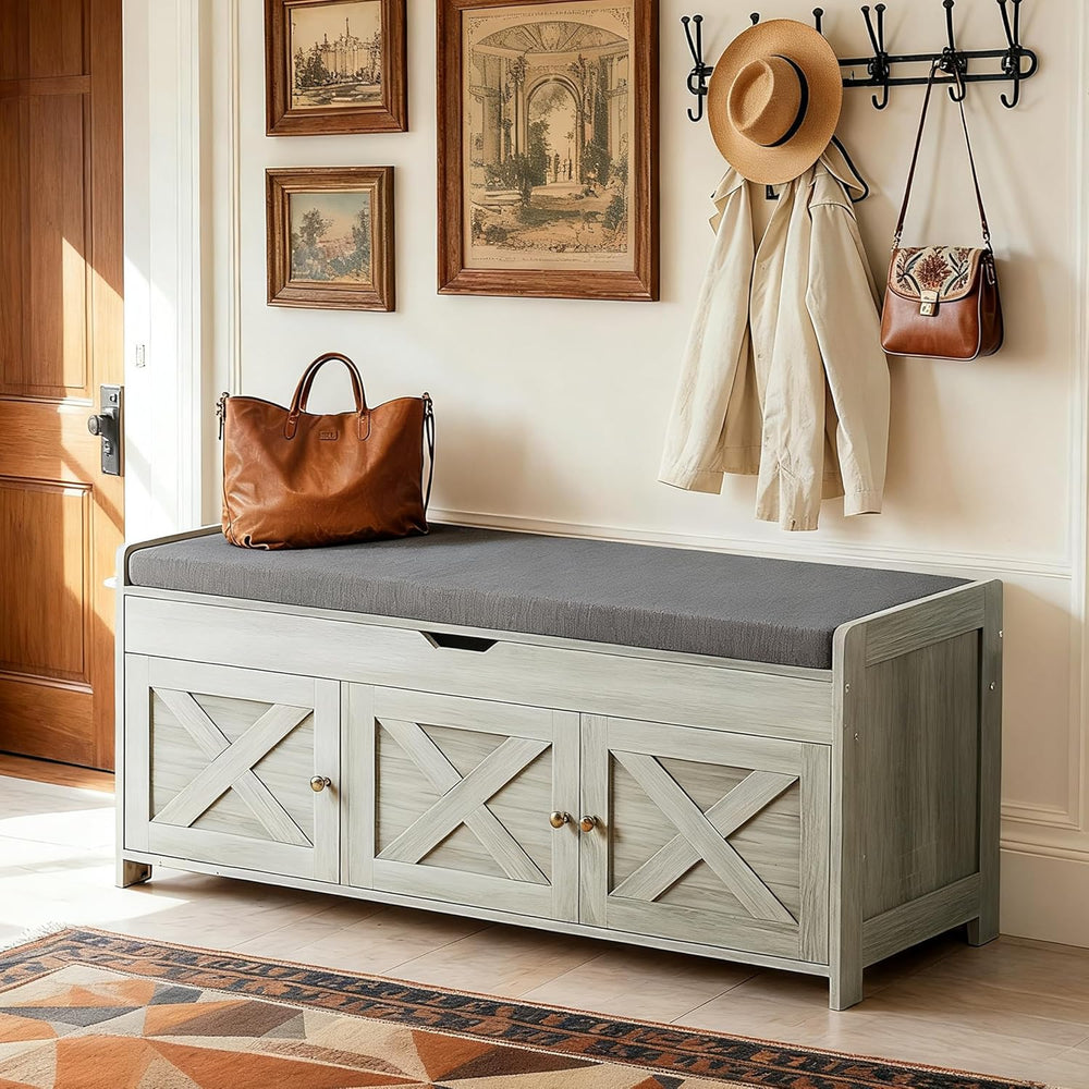Amada Farmhouse Shoe Storage Bench with Cushion, 3 Doors & Lift-Top Stora...