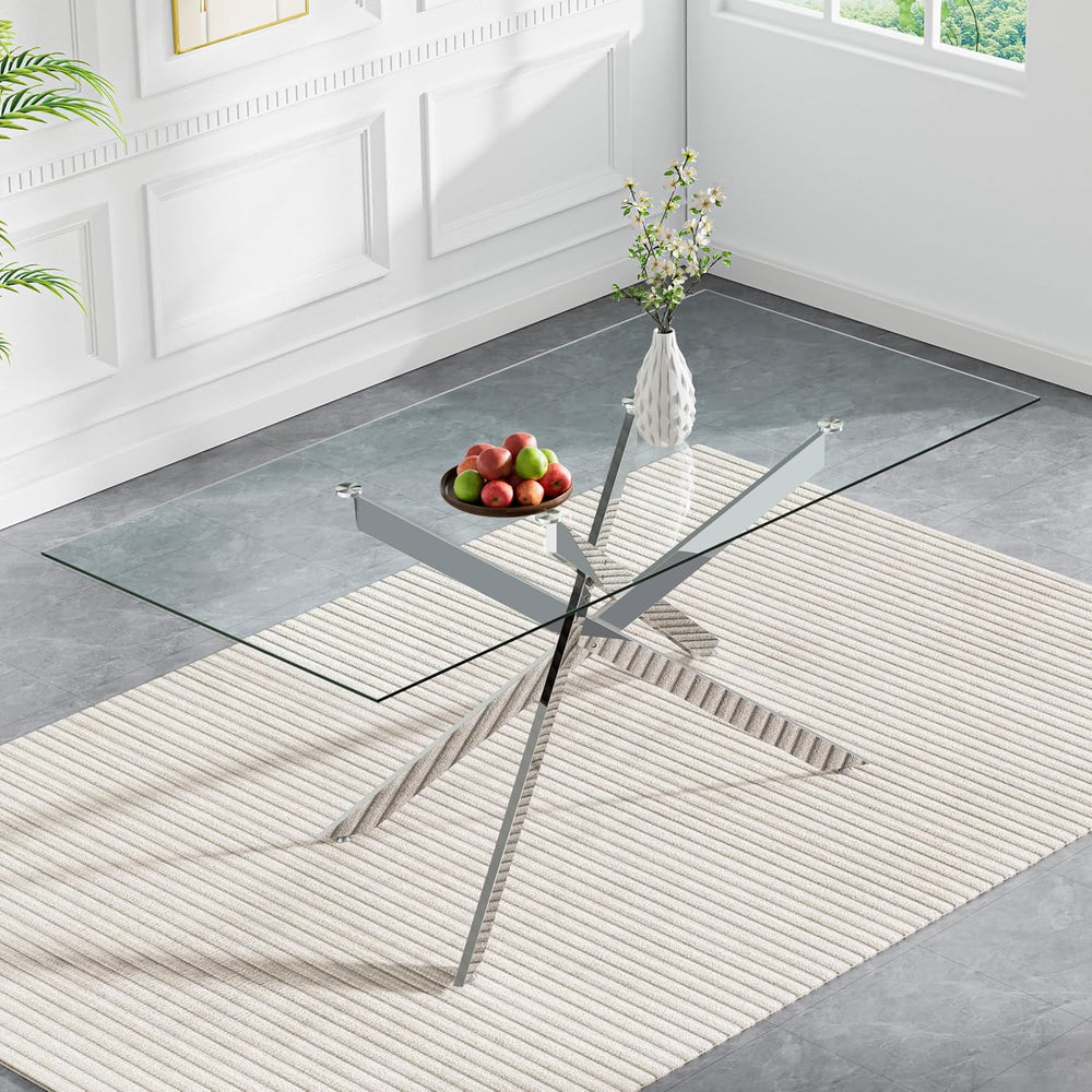 61" Rectangle Glass Dining Table for 4-6, Luxury Kitchen Table with Temp...