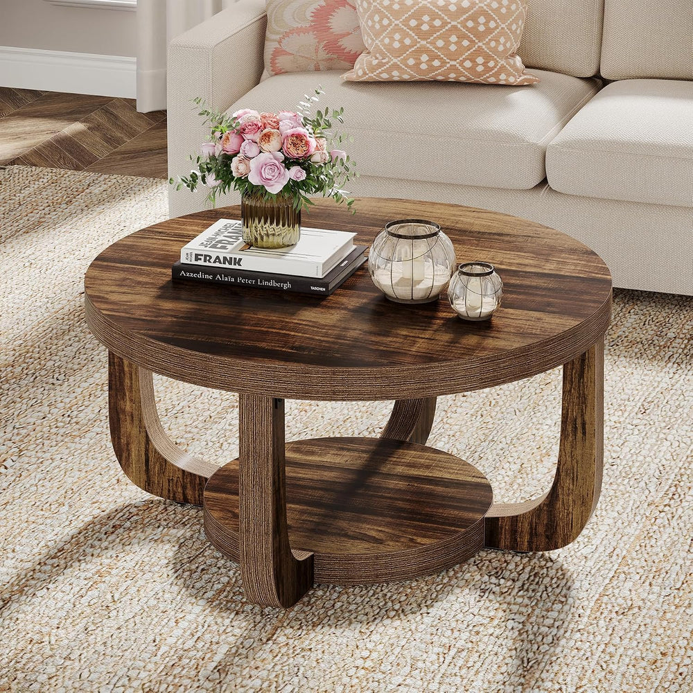 Tribesigns Round Coffee Table, 2-Tier Circle Coffee Table with Storage, Moder...