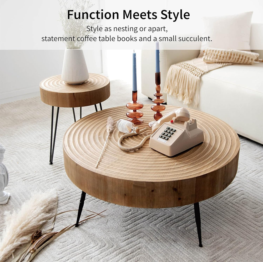 2-Piece Boho Farmhouse Nesting Table with Handcrafted Wood Ring Motif, Round ...