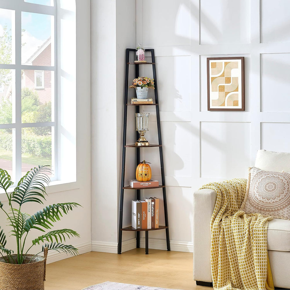 Hoctieon Corner Shelf, 5-Tier Corner Bookshelf, Rustic Ladder Shelf, Industri...