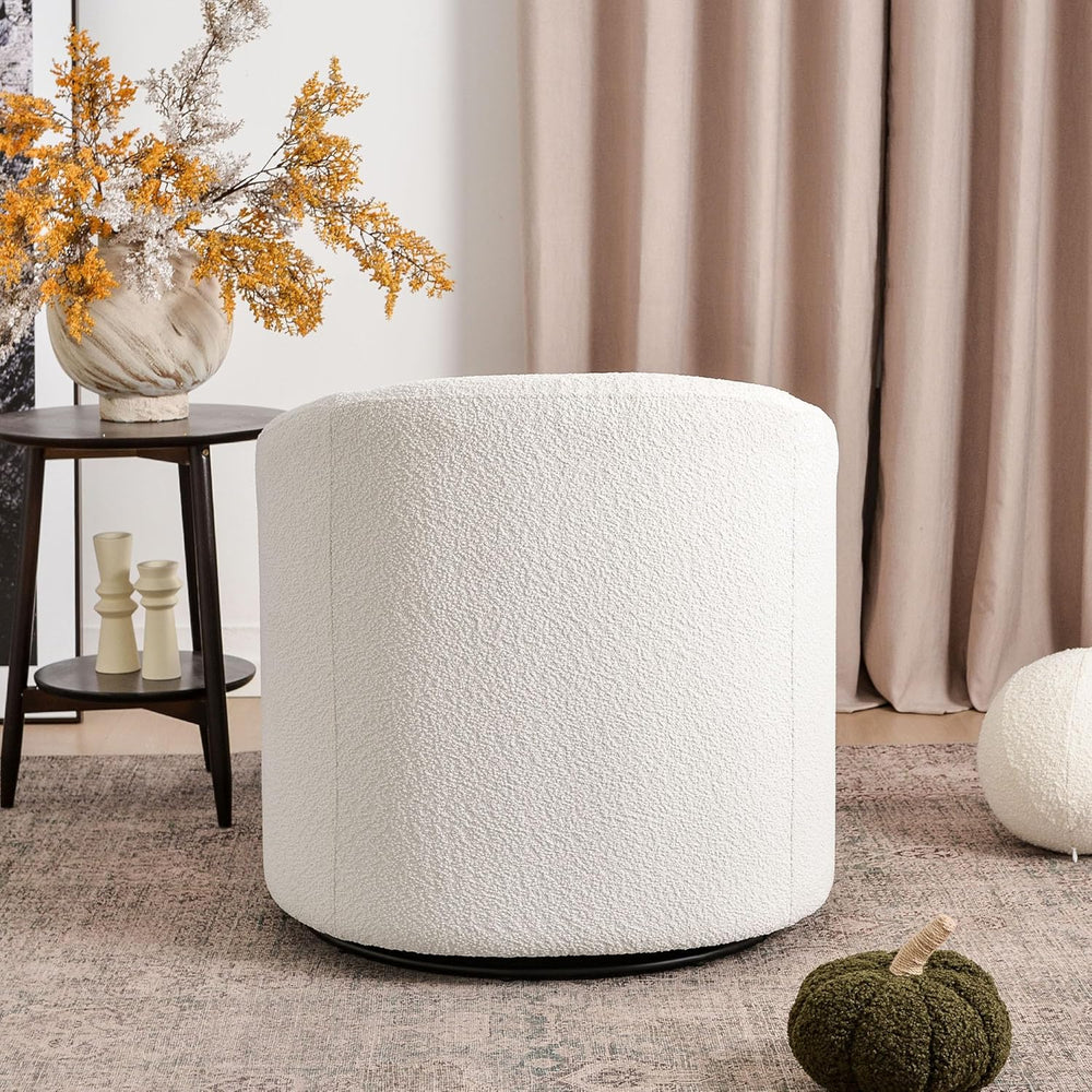 KINWELL 32" Wide No Assembly Boucle Swivel Barrel Chair, White