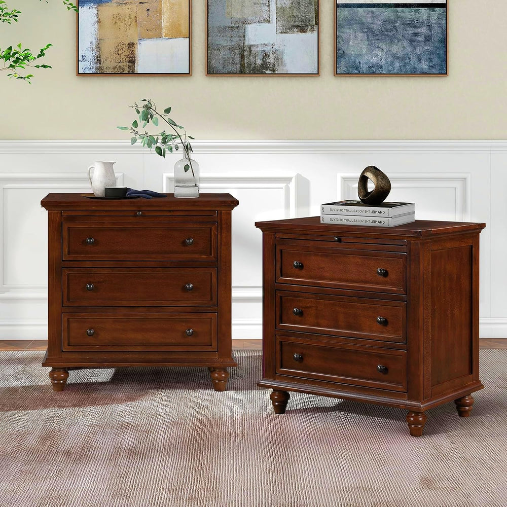 3-Drawer Storage Wood Cabinet, End Table Set of Two with Pull Out Tray,Nights...