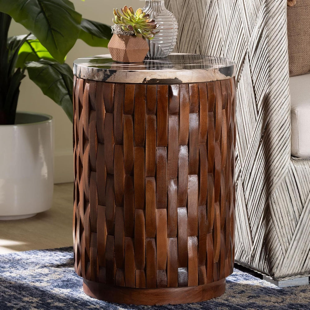 Bali & pari Lavanya End Table with Petrified Wood Top - Drum Accent Side ...