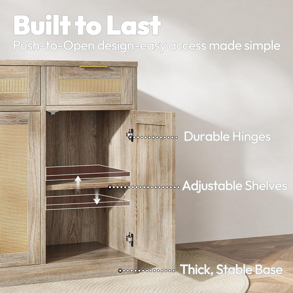 TIQLAB 55" Rattan Sideboard Buffet Cabinet with Storage, 4 Doors Credenz...