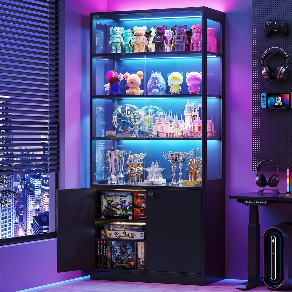 Display Cabinet with Glass Door - 7-Tiers Curio Cabinet Display Case with RGB...
