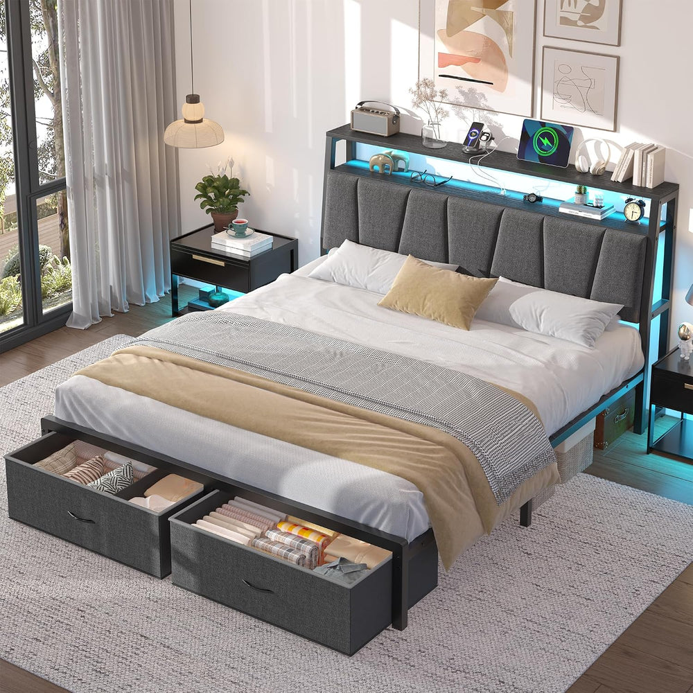 FreeHouse Queen Bed Frame with 2-Tier Storage Headboard and 2 Drawers, Grey