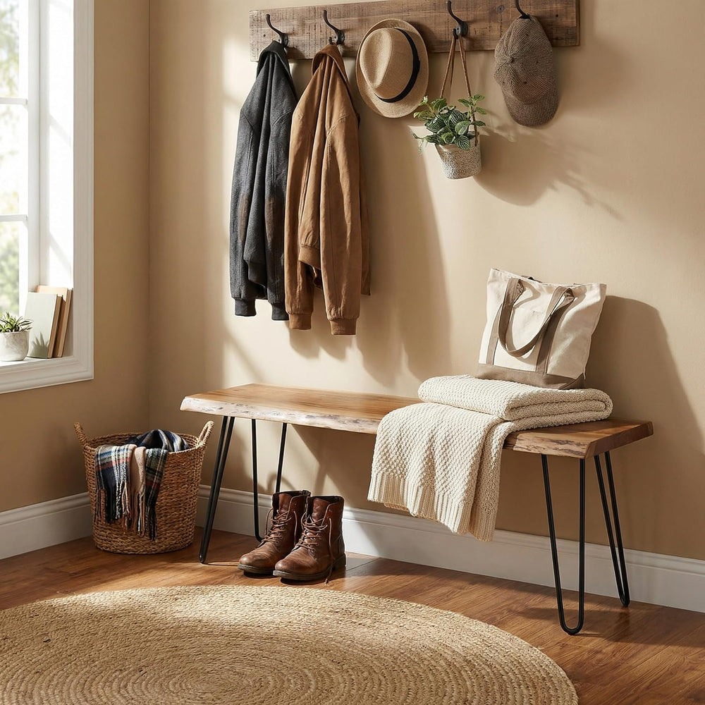 Alaterre Live Edge Solid Wood Entryway Bench with Hairpin Metal Legs, 48” | N...