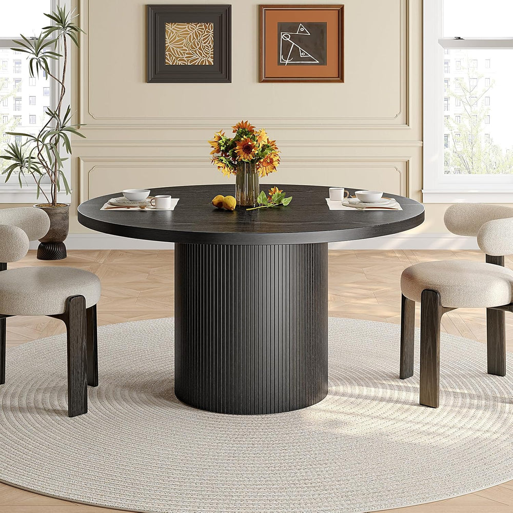 47 inch Round Dining Table for 4, Circle Kitchen Table with Wood Strip Base, ...