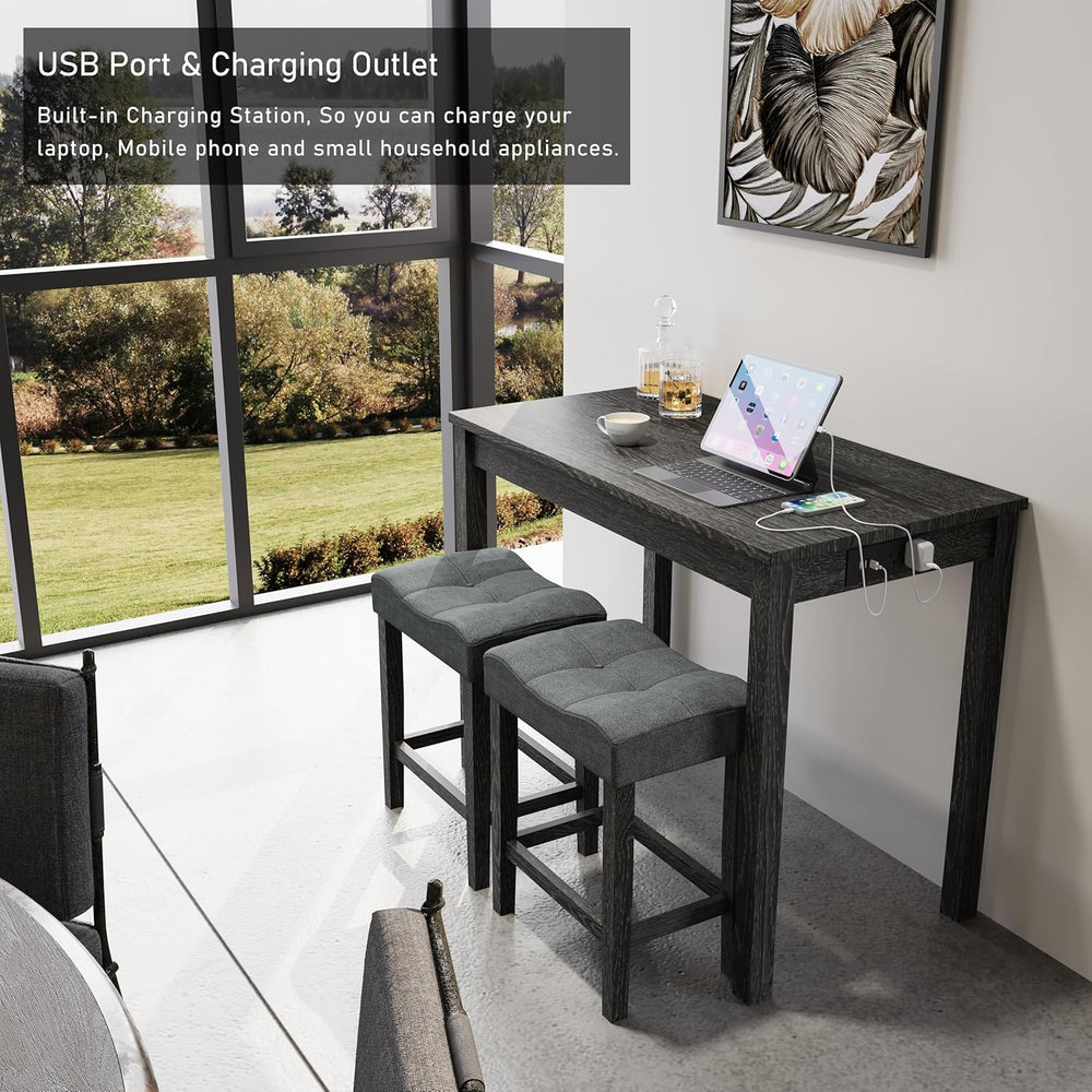 allamazing 3-Piece Counter Height Bar Table Set with Socket and 2 Fabric Padd...