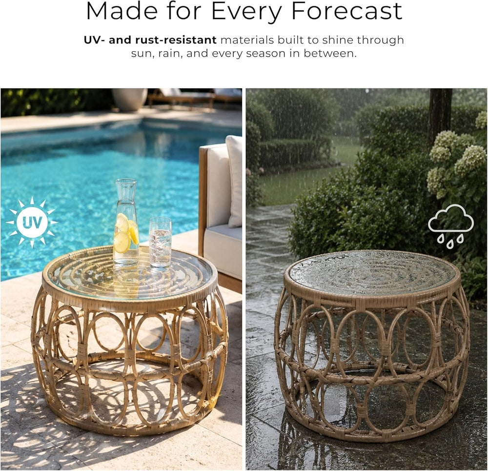 Furniture of America Ysar Boho Rattan Round Coffee Table Outdoor with 5mm Tem...