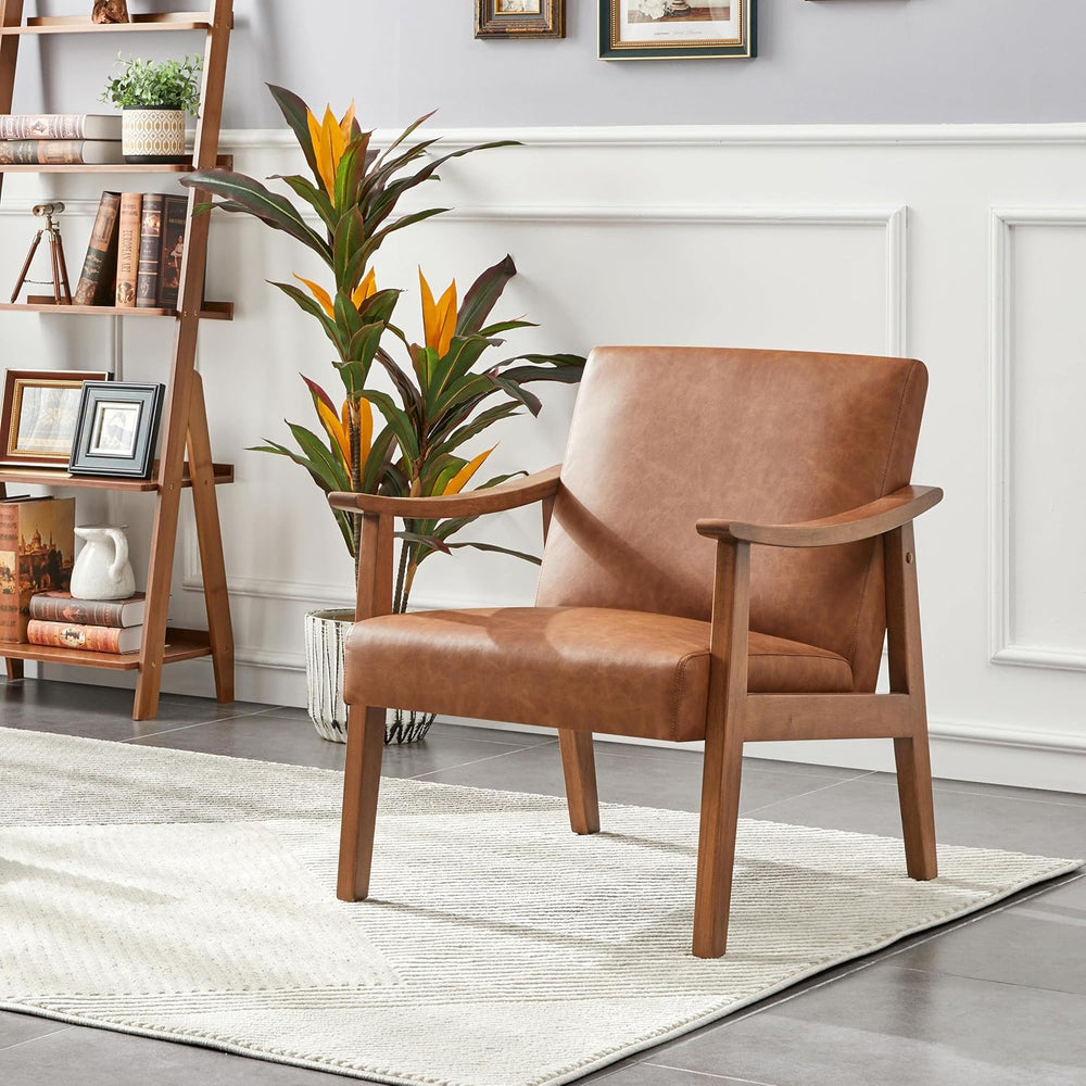 Yaheetech Accent Chairs, Mid-Century Faux Leather Armchairs, Light Brown