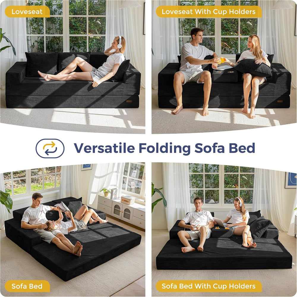 MAXYOYO Sofa Bed, 80-Inch Oversized Loveseat, 2 Cup Holders | Corded Black 4-...