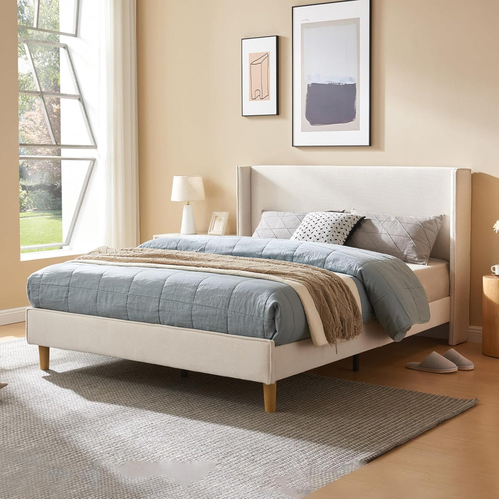 Full Corduroy Upholstered Platform Bed with Headboard Wingback, Cream