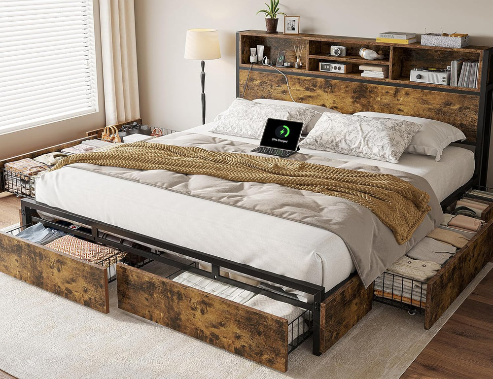 EnHomee King Bed Frame with 6 Storage Drawers, Charge Station,Noise-Free