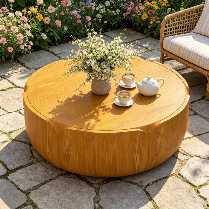 35.63" Round Outdoor Indoor Coffee Table - Modern Wood Grain Drum Center Table, Sturdy MGO Waterproof, No-Assembly Table for Patio, Garden, Backyard, Living Room