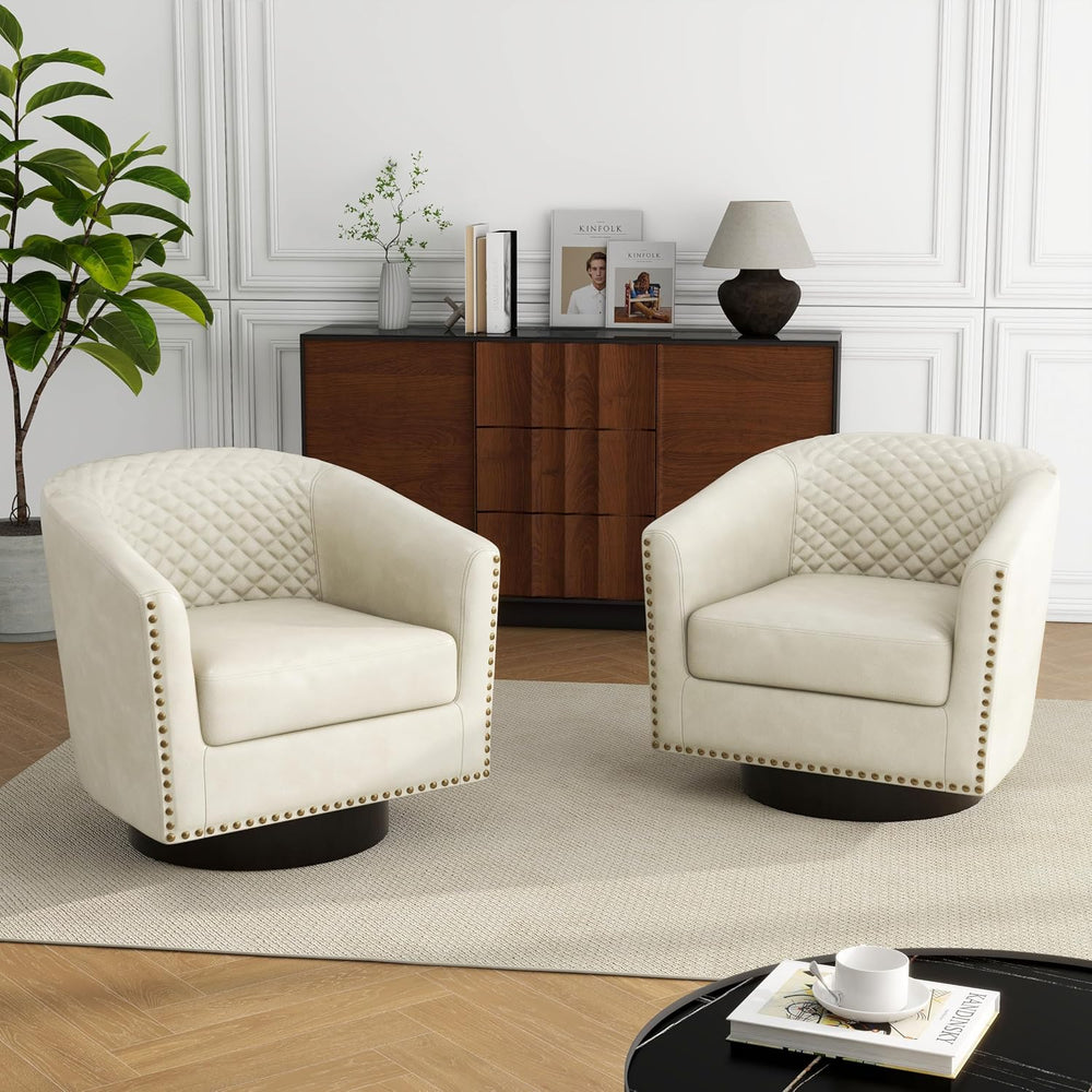 Swivel Barrel Accent Chair Set of 2, Comfy Modern Upholstered Round Faux Leat...