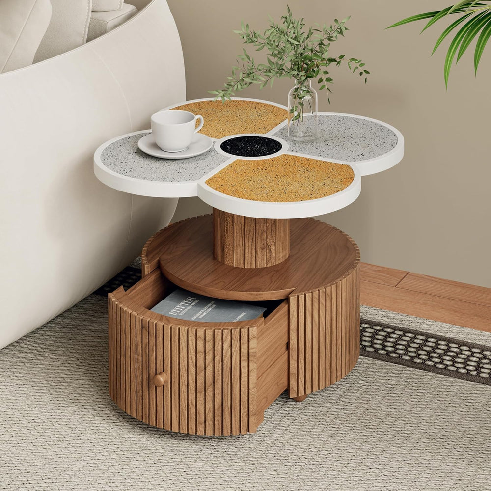 Unique Four-Petal Accent Table with Storage Drawer, Nordic Style Round Side T...