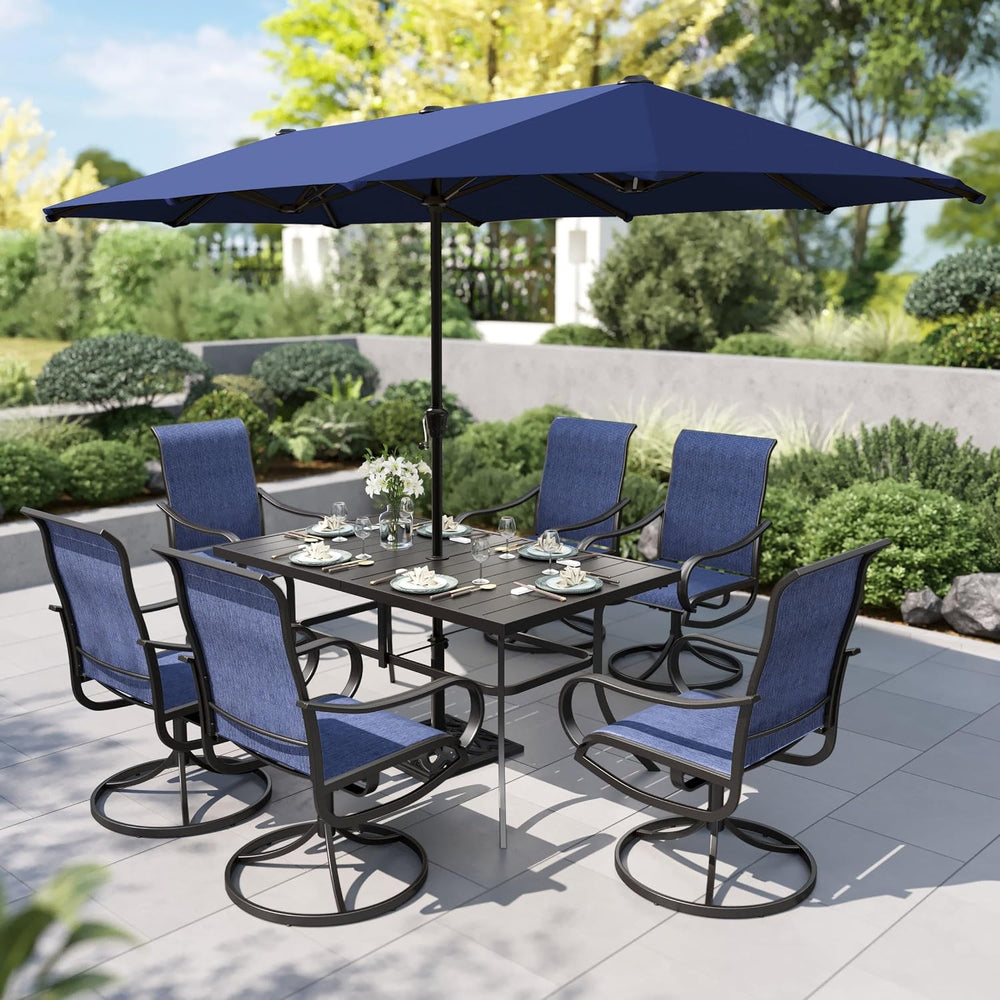 PHI VILLA Outdoor Dining Set with Umbrella for 6, Swivel Mesh Chairs