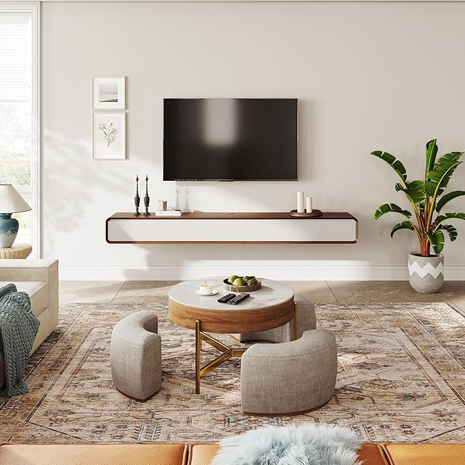 POVISON Fully-Assembled Minimalist Floating TV Stand, Modern Wall-Mounted Ent...