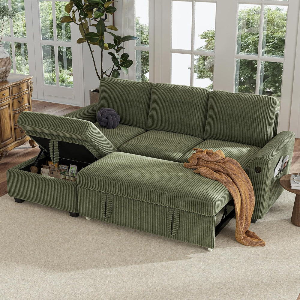 Hanherry 81" Sectional Couch with Pull Out Bed,3 Seat Corduroy Sleeper S...