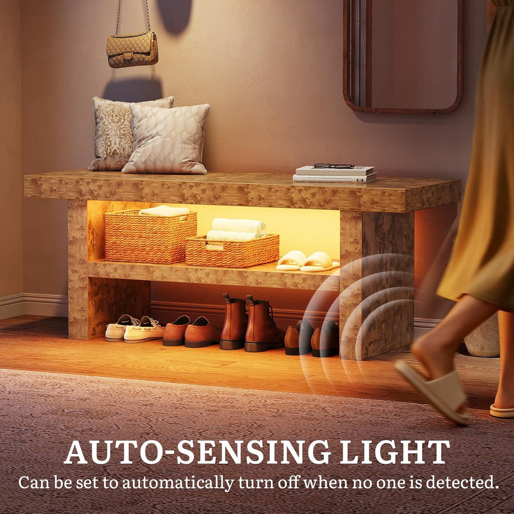 DWVO 39.4" Entryway Bench with Motion-Sensing Warm LED Light, 2-Tier Rus...