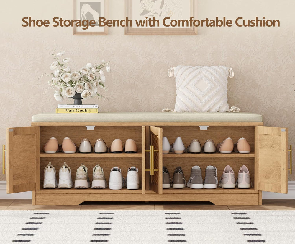 Rattan Shoe Storage Bench, 47.2" Wide Entryway Bench, Natural Oak | 2 Ti...