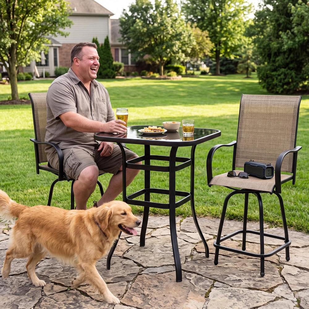 Greesum 3-Piece Patio Bar Set, High Top Table & 2 Swivel Bar Stools with ...