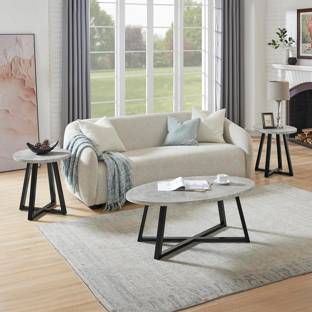 Roundhill Furniture Modern Harmony 3-Piece Wood Oval Coffee Table Set, Gray