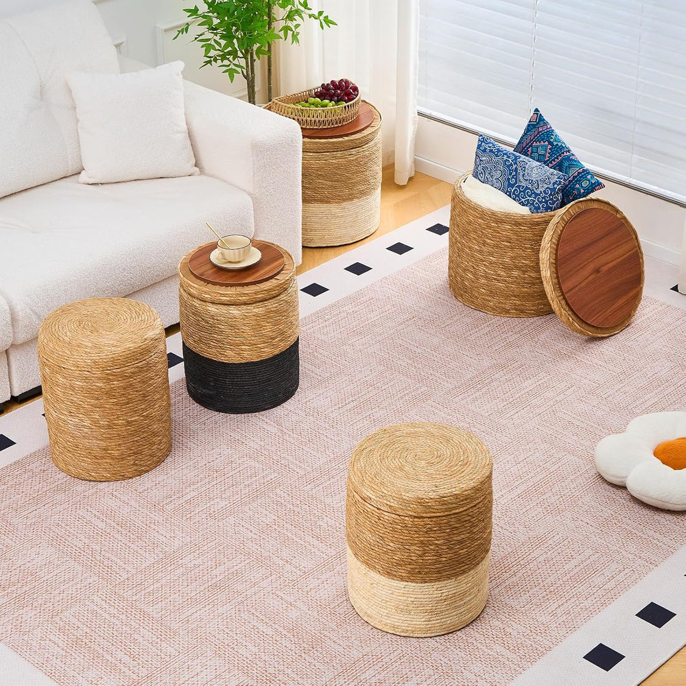Wimarsbon Storage Pouf Ottoman, Hand Weaving Natural Straw Foot Stool, Bohemi...