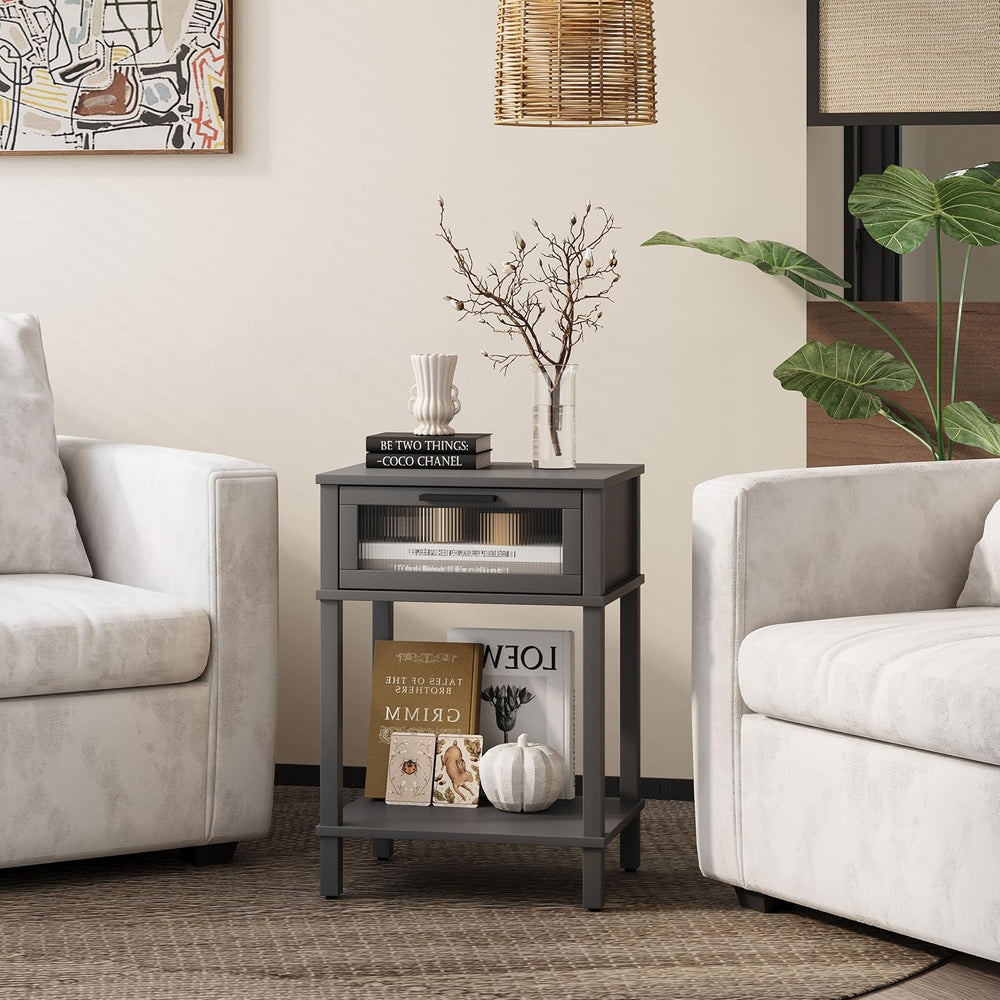 Nightstand Wooden Bedside Table with Drawer Grey Night Stands Modern Style Sm...