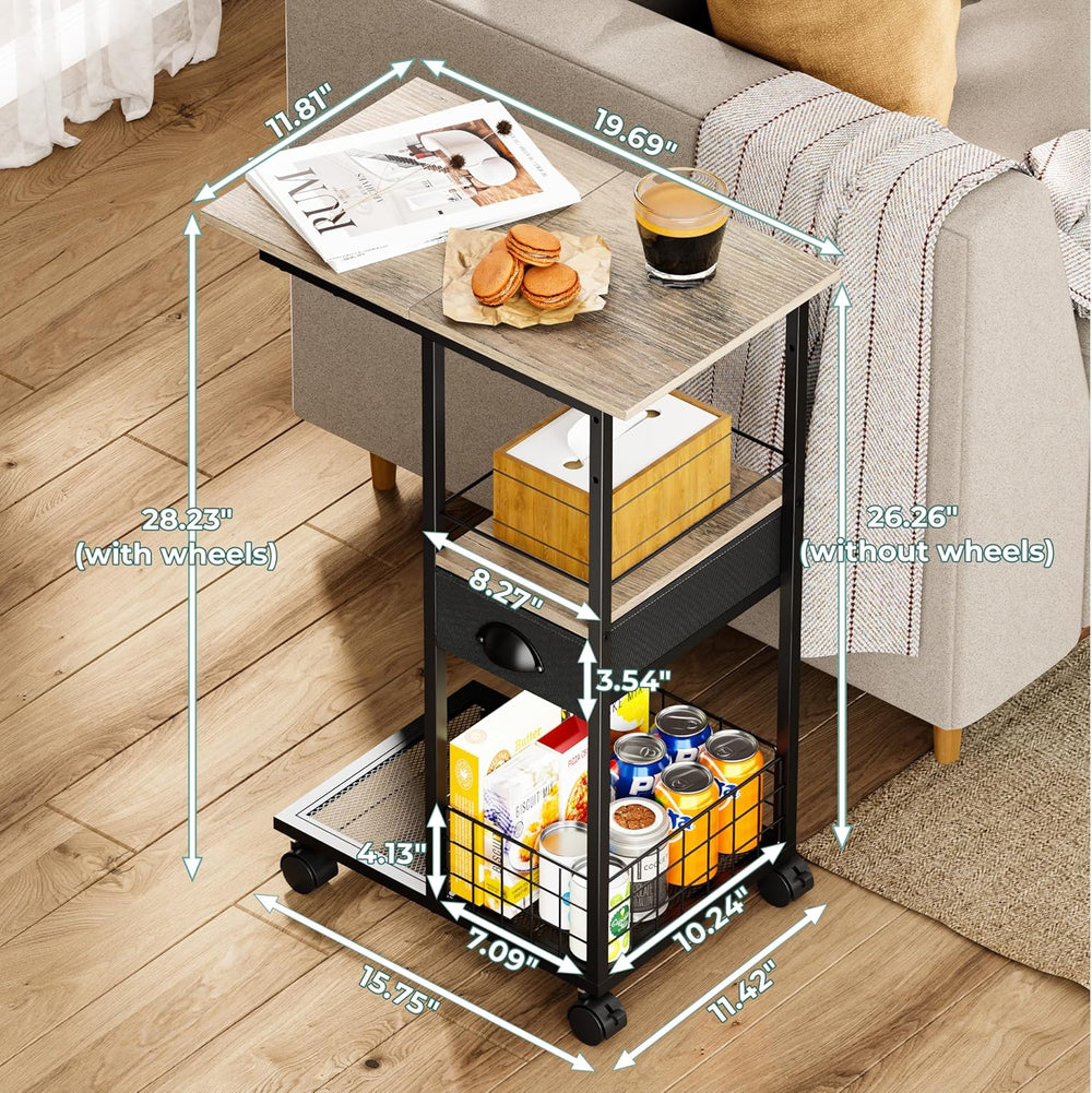 Rolling C Shaped Side Table with Storage Drawer, Ivory Portable Desk on Wheel...