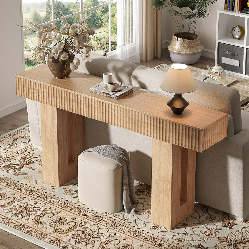63-Inch Long Entryway Console Table with a Fluted Design, Thick Wood Farmhous...