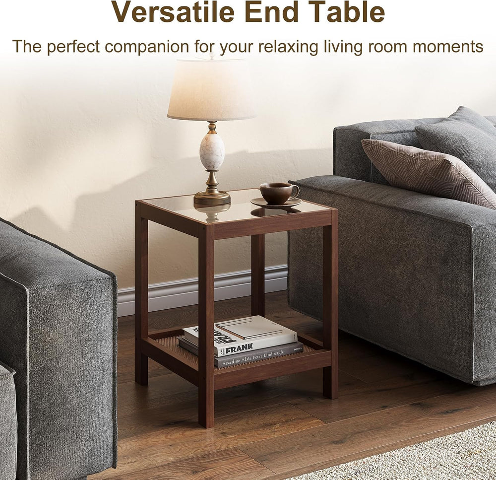 wanan Solid Wood End Tables Set of 2, Boho Rattan Nightstand with Glass Top &...