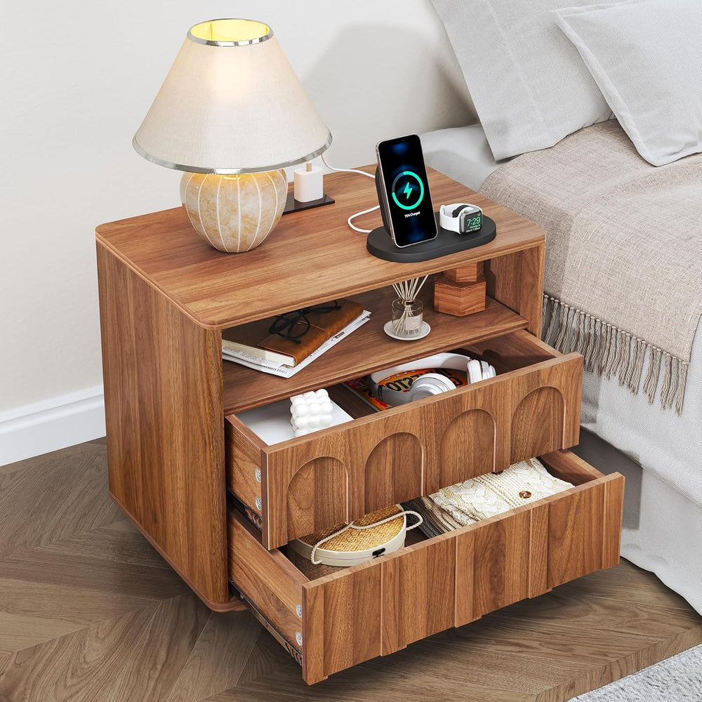 FurSch Mid Century Modern End Table with Charging Station Set of 2, 23.62” Wi...