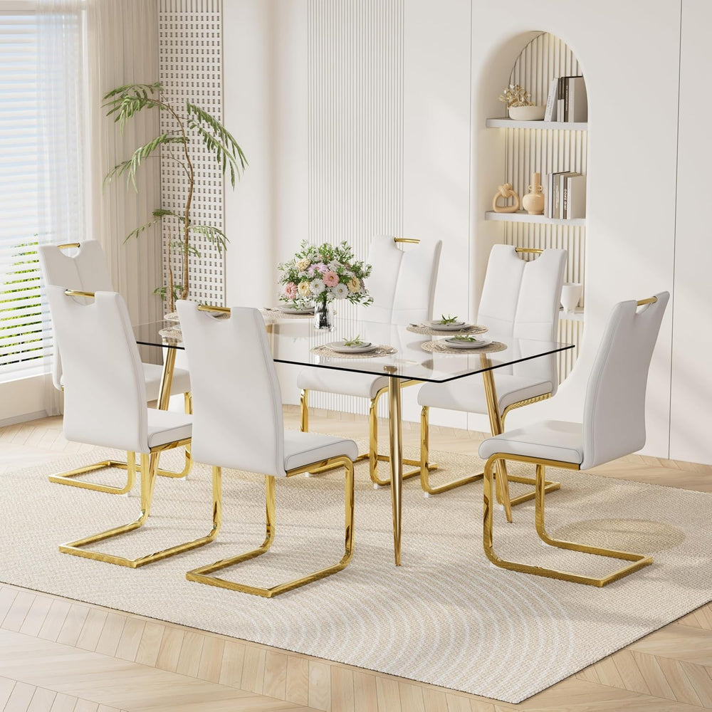 63" Modern 7-Piece Dining Table Set for 6 Rectangular Glass Table with 6...