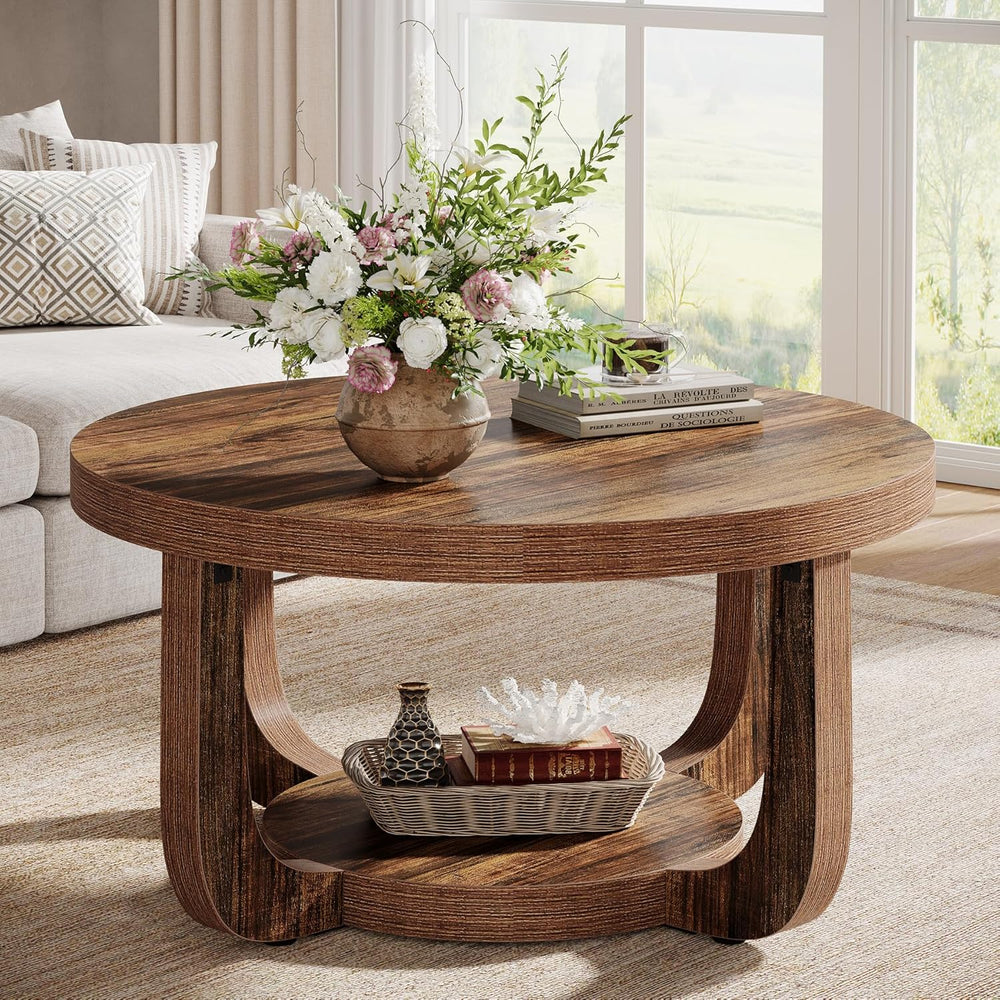 Tribesigns Round Coffee Table, 2-Tier Circle Coffee Table with Storage, Moder...