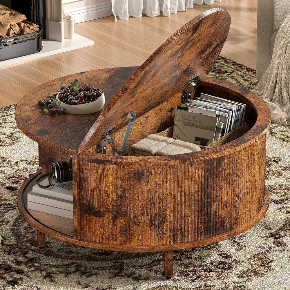 Round Coffee Table, 31.5" Fluted Center Table with Storage, Lift-Top Cof...