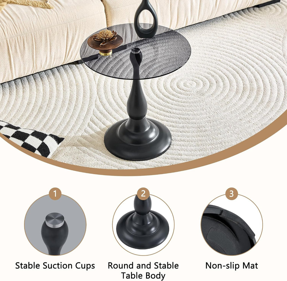 Modern Round Side Table, Gray Glass Top End Table with Black Metal Pedestal B...