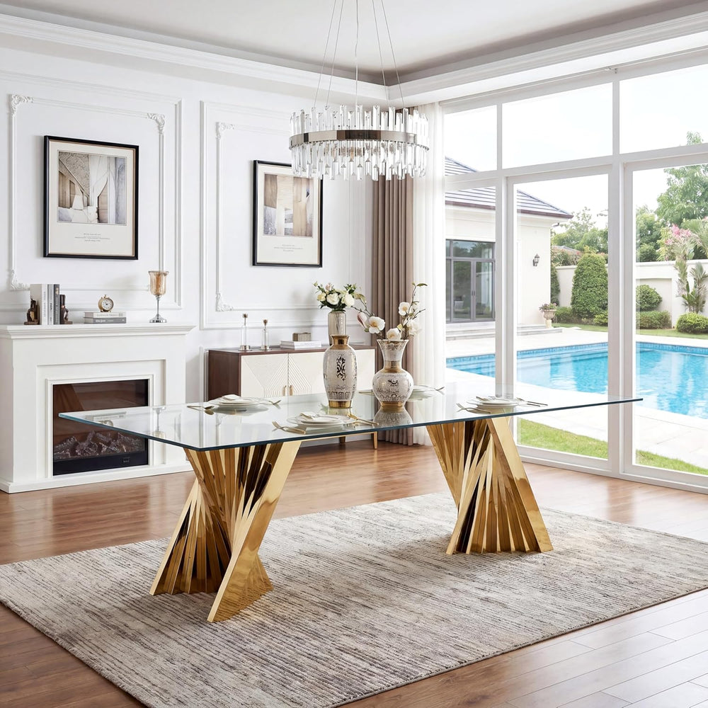 94" Modern Glass Gold Dining Table for 8-10, Luxury Kitchen Table with T...