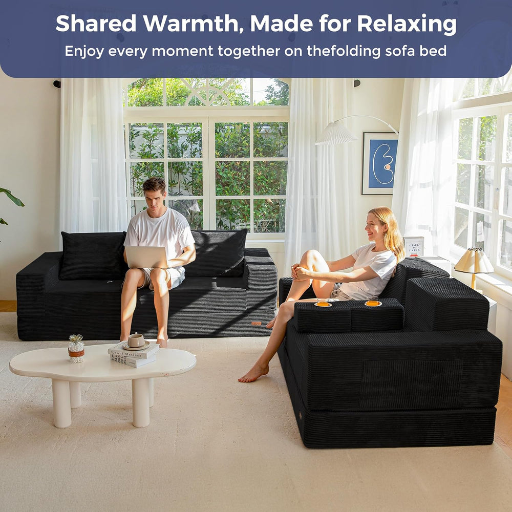 MAXYOYO Sofa Bed, 80-Inch Oversized Loveseat, 2 Cup Holders | Corded Black 4-...