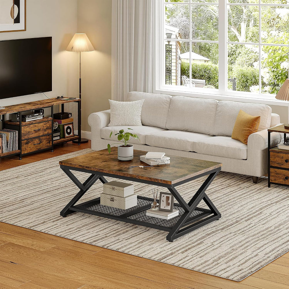 EnHomee Coffee Table with Storage & Shelf for Living Room, Rustic Brown