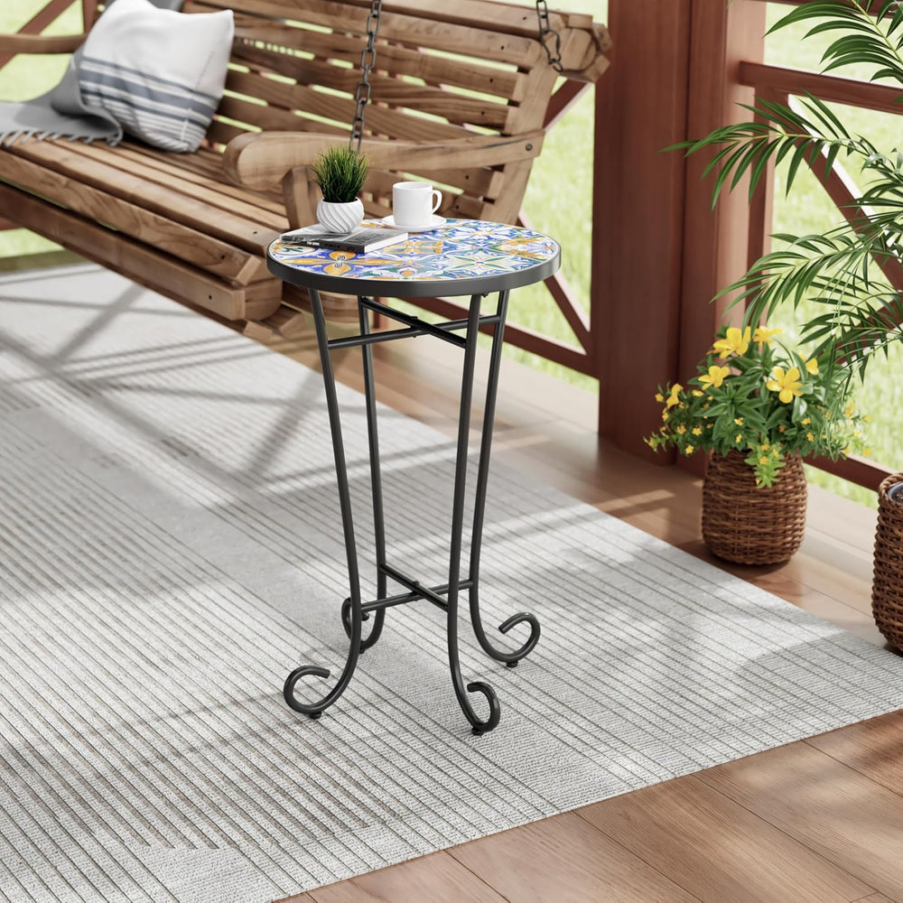 Outdoor Round Side Table,Ceramic Top Patio End Table with Metal Frame,Modern ...