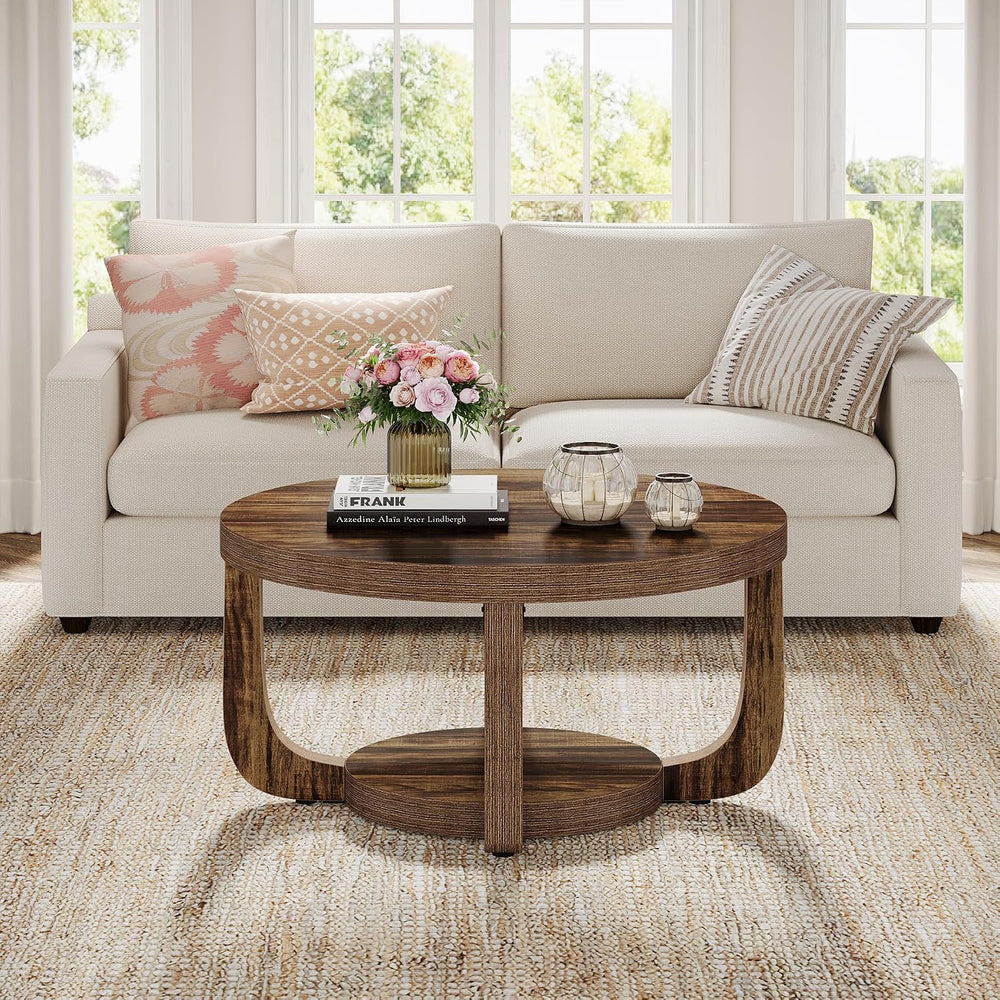 Tribesigns Round Coffee Table, 2-Tier Circle Coffee Table with Storage, Moder...